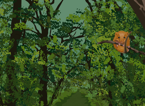 Illustration of a dormouse clinging to a tree branch
