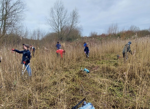 Young people on a nature reserve in scrub clearing it with tools
