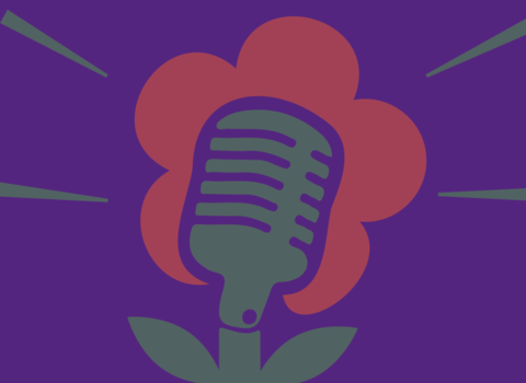 Graphic logo of a flower combined with a microphone